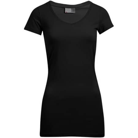 Langes Slim Fit Damen T-Shirt mit V-Ausschnitt in Black von Promodoro (Artnum: E3087