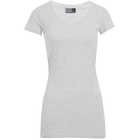 Langes Slim Fit Damen T-Shirt mit V-Ausschnitt in Sports Grey (Heather) von Promodoro (Artnum: E3087