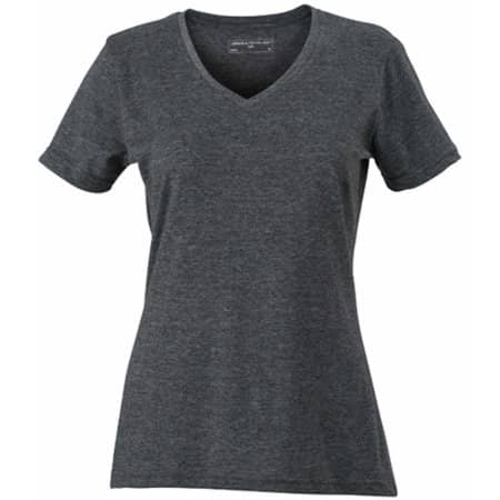 Meliertes Slim Fit Damen T-Shirt mit V-Ausschnitt in Black Melange von James+Nicholson (Artnum: JN973