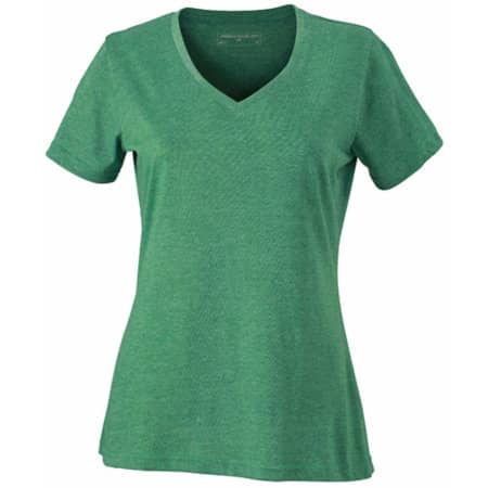 Meliertes Slim Fit Damen T-Shirt mit V-Ausschnitt in Green Melange von James+Nicholson (Artnum: JN973