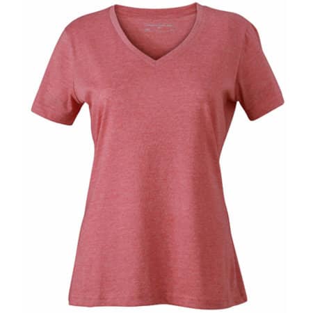 Meliertes Slim Fit Damen T-Shirt mit V-Ausschnitt in Red Melange von James+Nicholson (Artnum: JN973