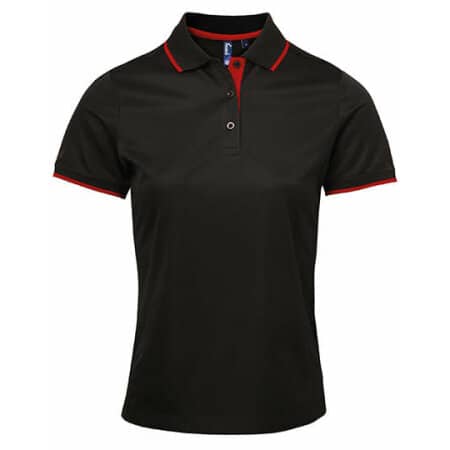 Ladies` Contrast Coolchecker Polo in Black|Red (ca. Pantone 200) von Premier Workwear (Artnum: PW619